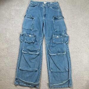 Y2K Cargo Jeans Multi Pocket Denim Pants Blue Women's 28 Light Wash Wide Leg F21